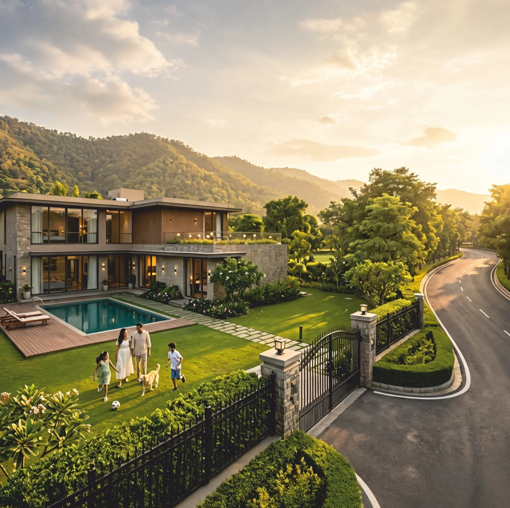 A private residence surrounded by landscaped greens